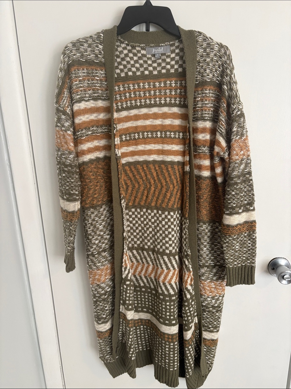 Marlee Mixed-Pattern Open Front Cardigan in Olive, Camel & Cream